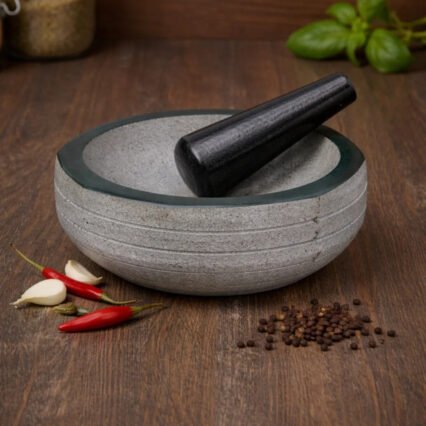 MYNAKSHA Pure Granite Stone Mortar and Pestle Set, Kalvam,kharad, Masher Spice Mixer/Okhli and musle/Kharal for Kitchen and medicine making (15 * 8 inch)
