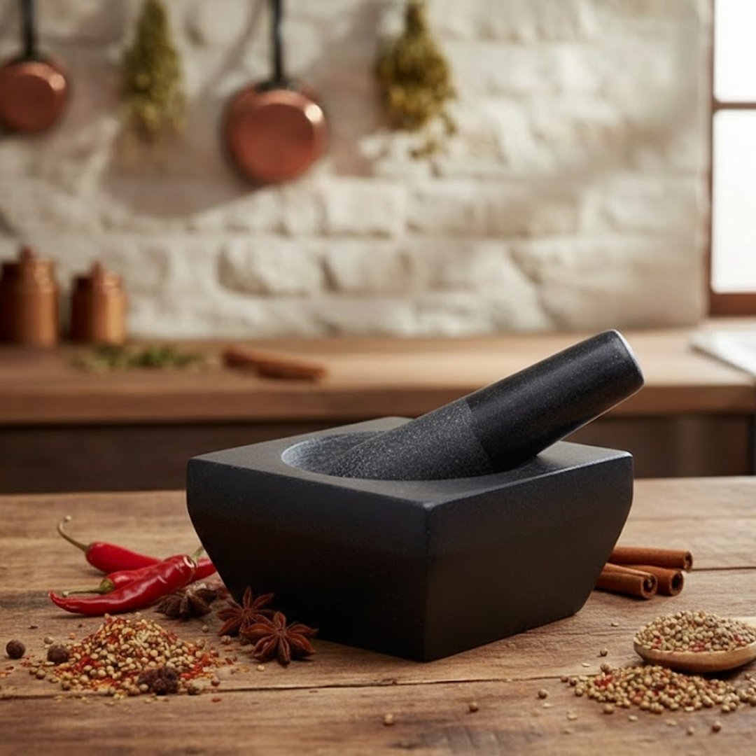 Pure Granite Stone Square Shape Mortar and Pestle Set/Kharad/Masher Spice Mixer/Okhli and Musle/Kharal for Kitchen and Medicine Making (Black_6inch)